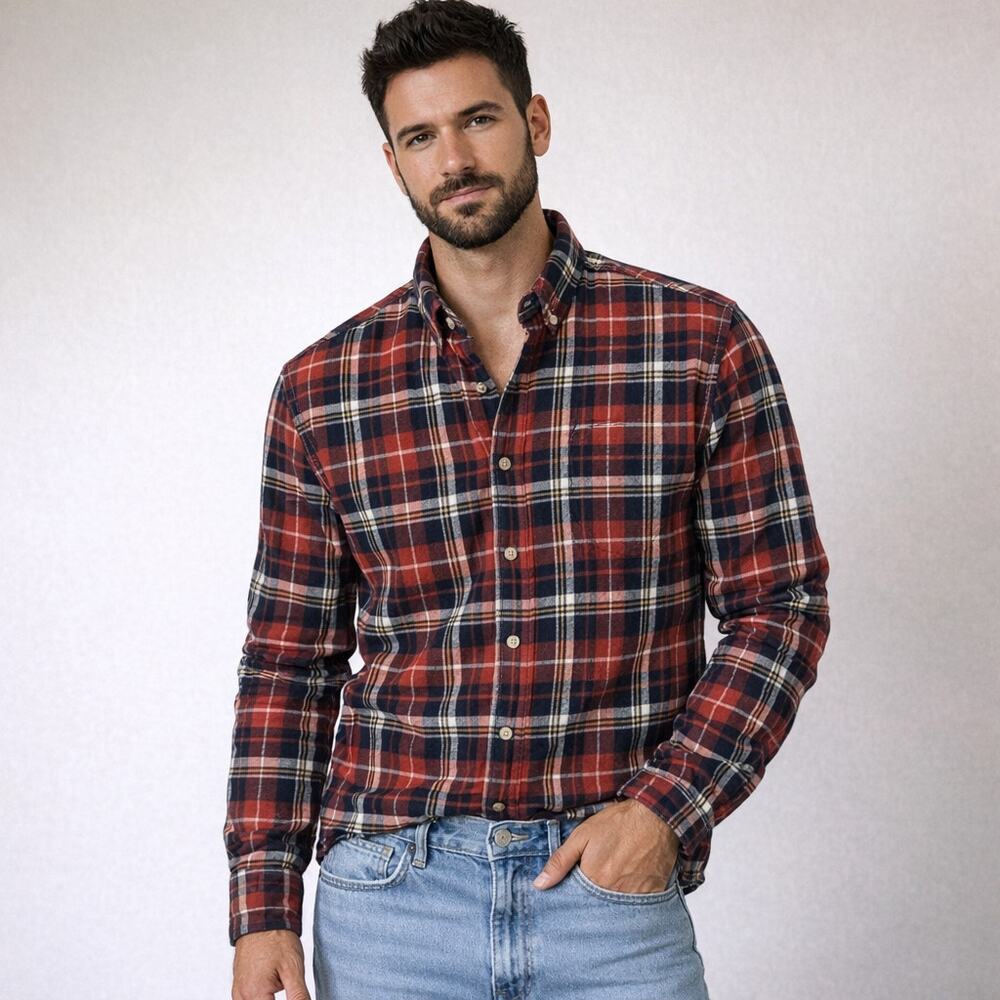 Redhead XL Red Plaid Flannel Button Down Shirt Mens Lumberjack 100% Cotton Layer